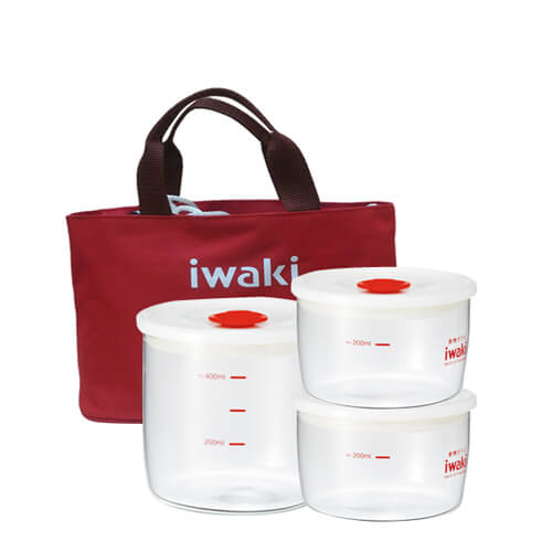 Bộ 3 hộp cơm thuỷ tinh văn phòng chịu nhiệt Iwaki kèm túi giữ nhiệt màu đỏ