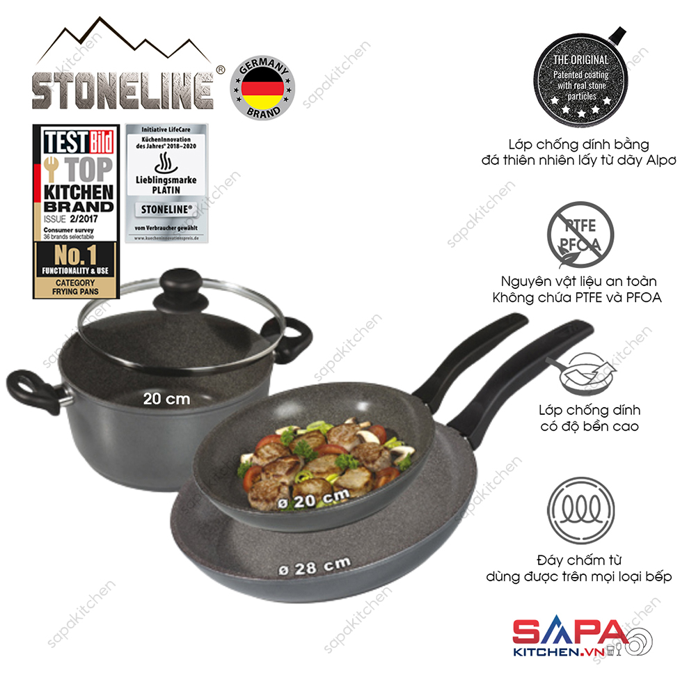 Bộ 3 nồi chảo chống dính Stoneline (Đức) – Lớp Phủ Đá Thiên Nhiên Dùng Cho Bếp Từ - WX7490