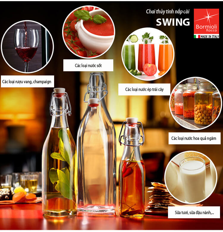 Chai thủy tinh vuông nắp cài kín hơi Swing 0.25L