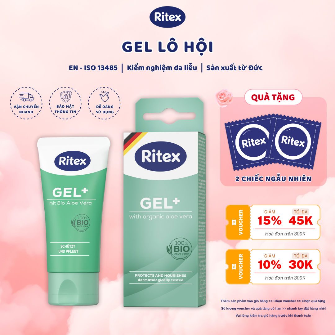 GEL BÔI TRƠN DƯỠNG DA LÔ HỘI RITEX GEL+ TUÝP 50ML,TẶNG kèm 02 chiếc ngẫu nhiên
