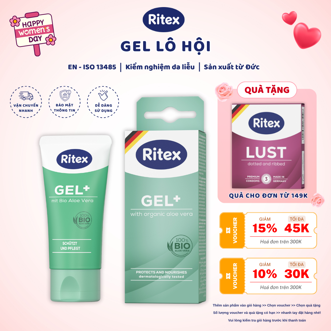 GEL BÔI TRƠN DƯỠNG DA LÔ HỘI RITEX GEL+ TUÝP 50ML,TẶNG kèm 01 hộp Lust (3C)