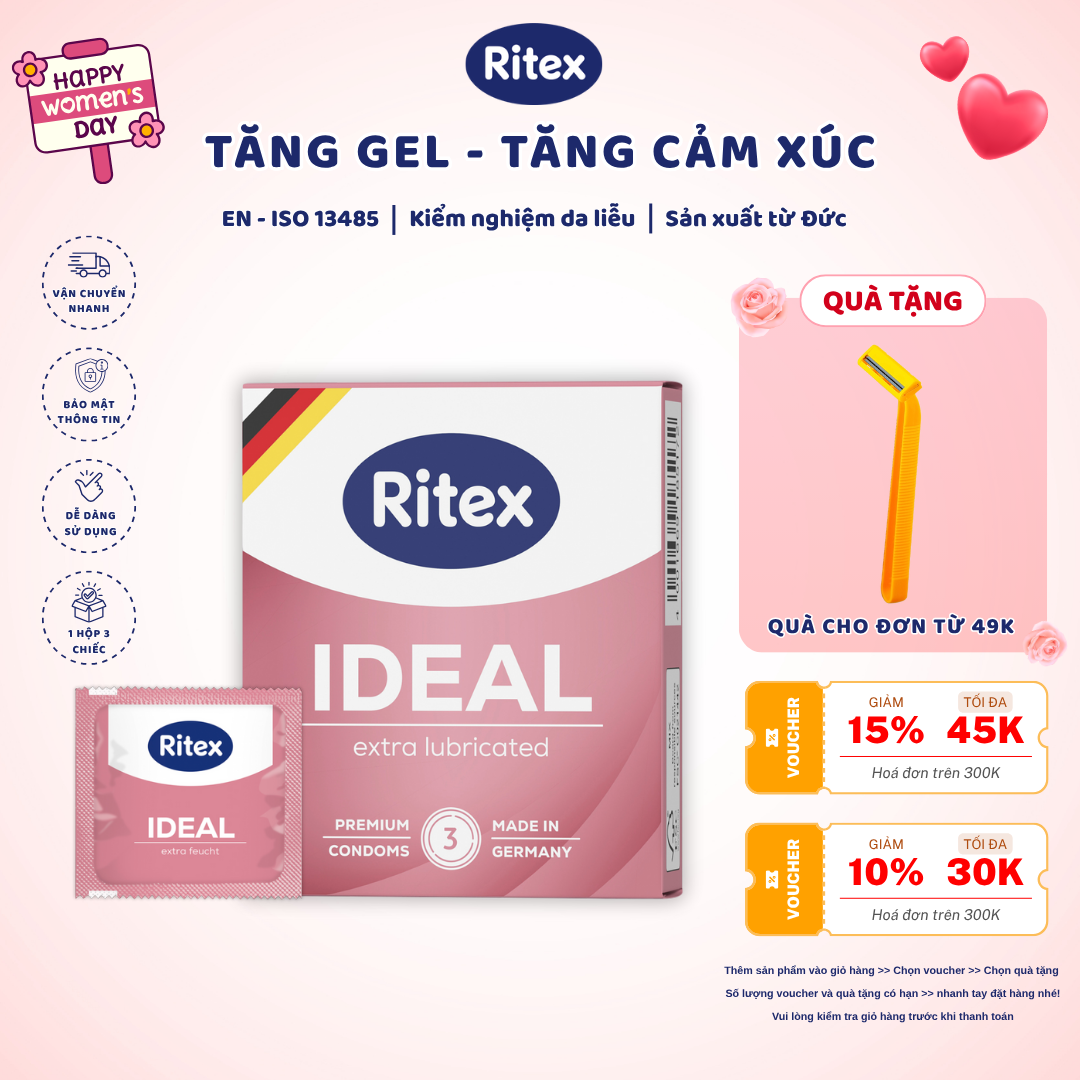 IDEAL - SIÊU ẨM ƯỚT, gấp đôi gel bôi trơn (Hộp 3 chiếc), tặng dao cao râu