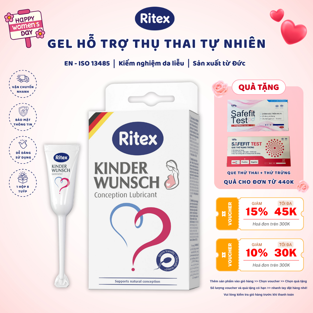 Gel tạo môi trường Ritex Kinder Wunsch - Hỗ trợ thụ thai tự nhiên (Lẻ 4 tuýp) - Tặng kèm  que thử (thử trứng & thử thai)