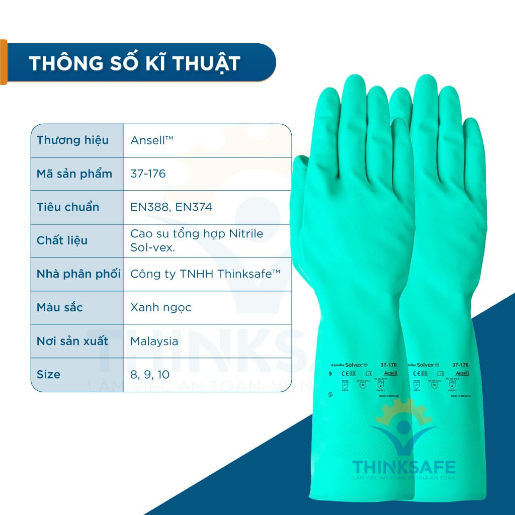 Găng tay cao su chống hóa chất Ansell 37-176 chuyên chống dầu nhớt, chống hoá chất thoáng khí, công nghiệp - THINKSAFE