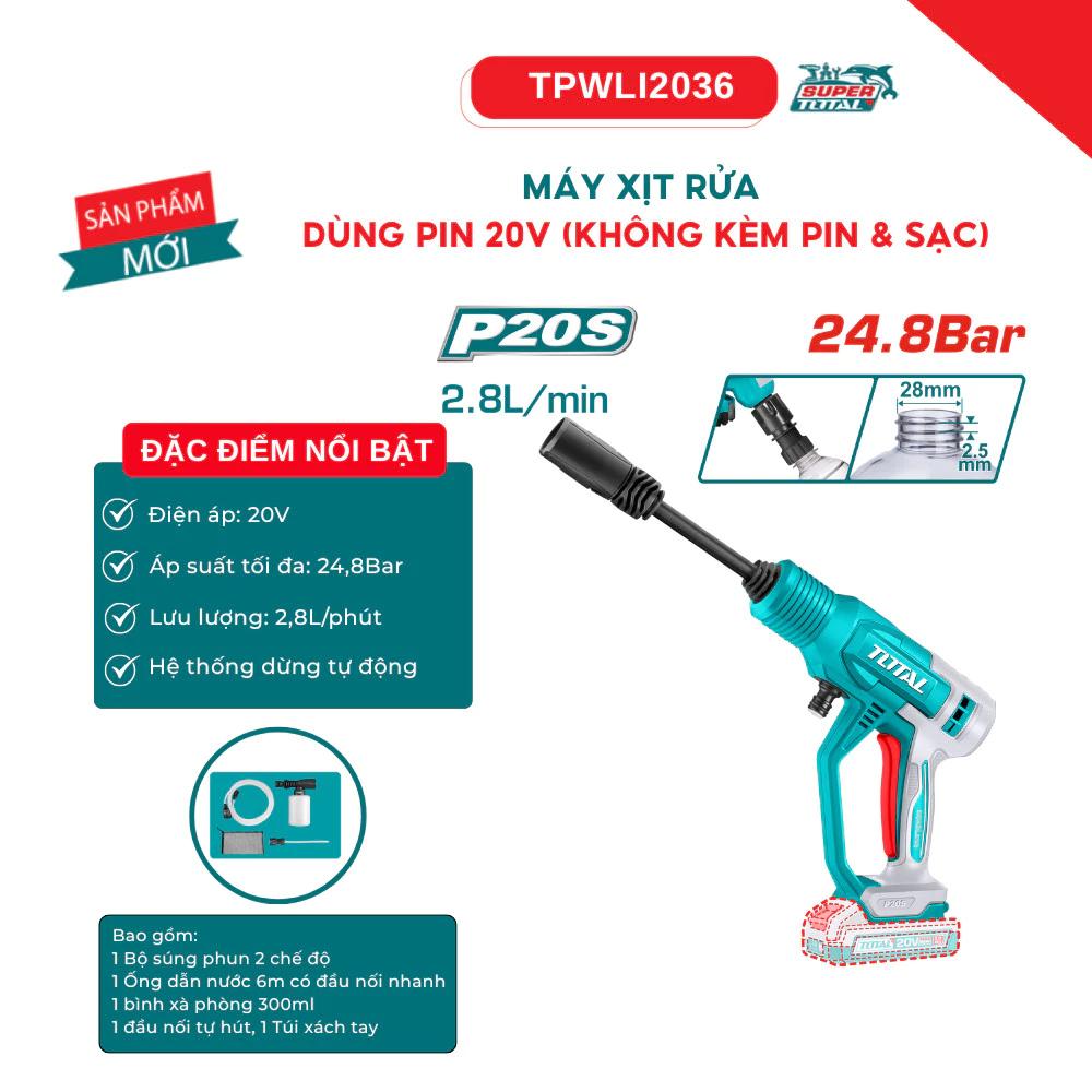 Máy xịt rửa áp lực pin 20V Total TPWLI20362 Máy rửa xe pin 24.8 bar, lưu lượng 2.8 lít/phút kèm phụ kiện