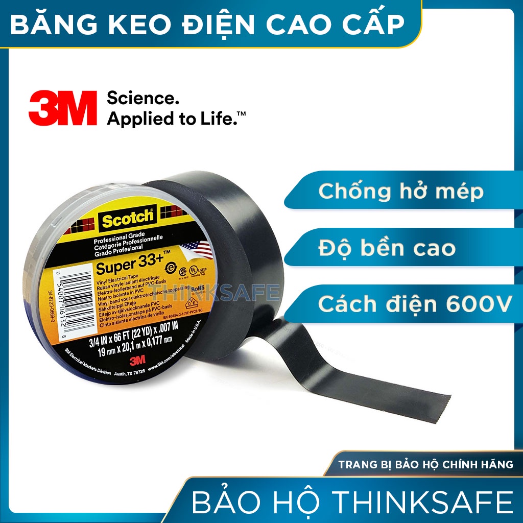 Băng keo điện 3M Super 33, băng dính điện, cách điện, chịu nhiệt 105 độ, chống nước, chống cháy lan, cao cấp - THINKSAFE