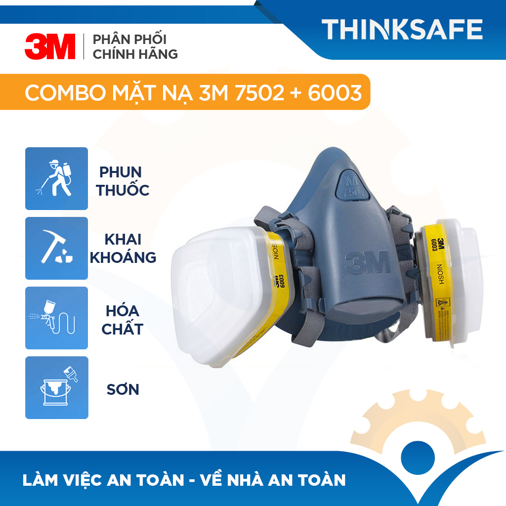 Bộ Mặt Nạ Phòng Độc 3M 7502 Kèm Phin 6003 - bộ 7 món | hơi hữu cơ, vô cơ, khí axit