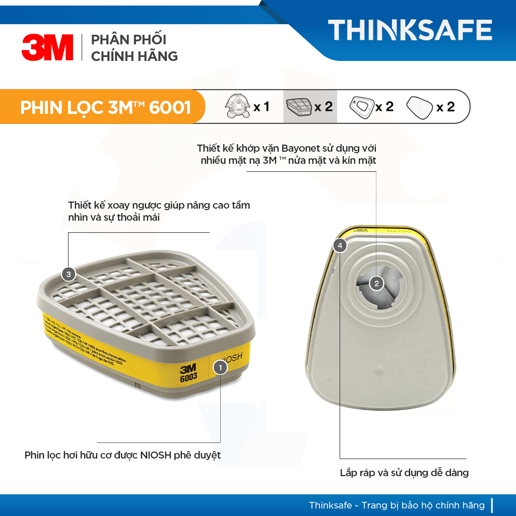 Bộ Mặt Nạ Phòng Độc 3M 7502 Kèm Phin 6003 - bộ 7 món | hơi hữu cơ, vô cơ, khí axit