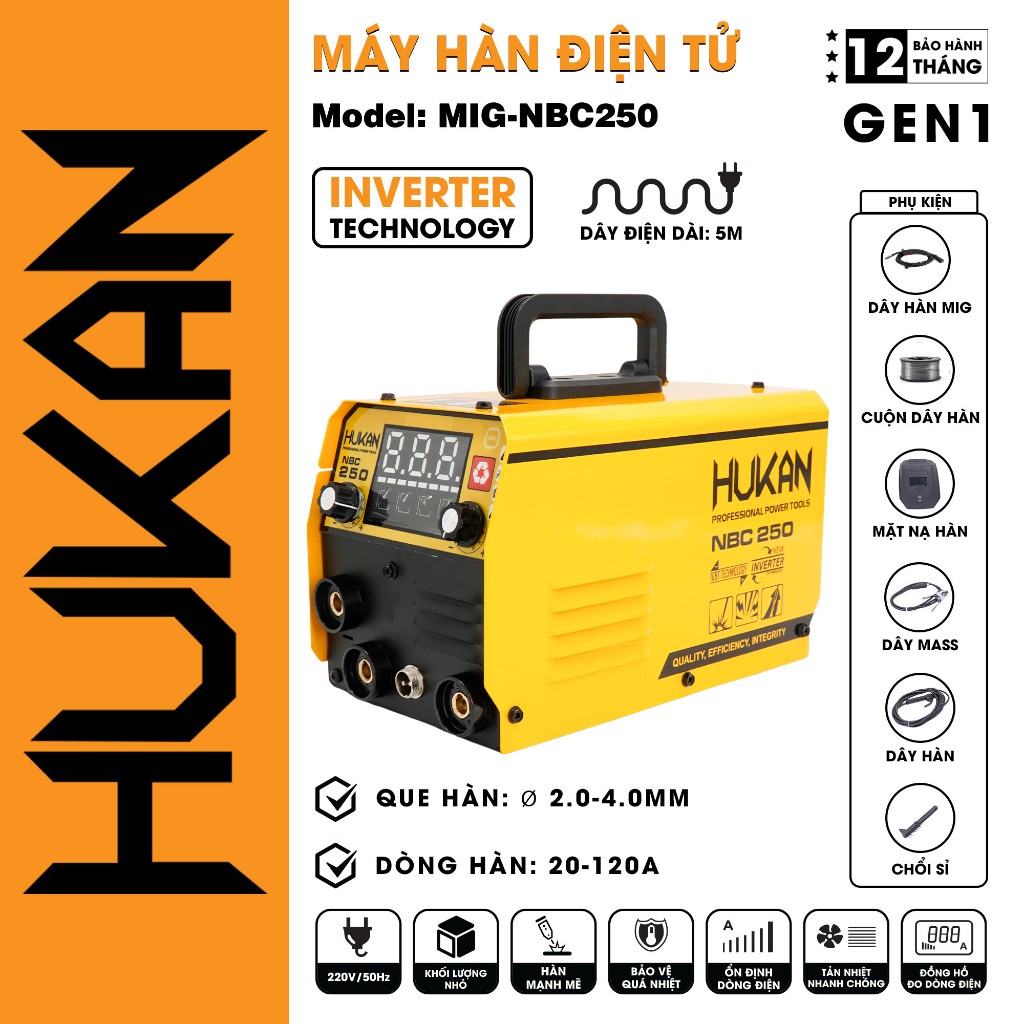 Máy hàn điện tử mig HUKAN MIG-NBC250 hàn que 2.0mm - 4.0mm, Dòng hàn 20-120a