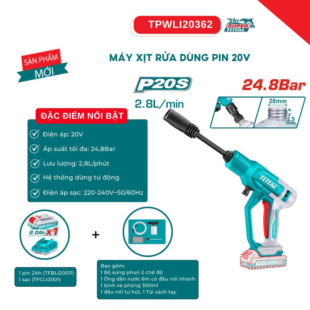 Máy xịt rửa áp lực pin 20V Total TPWLI20362 Máy rửa xe pin 24.8 bar, lưu lượng 2.8 lít/phút kèm phụ kiện