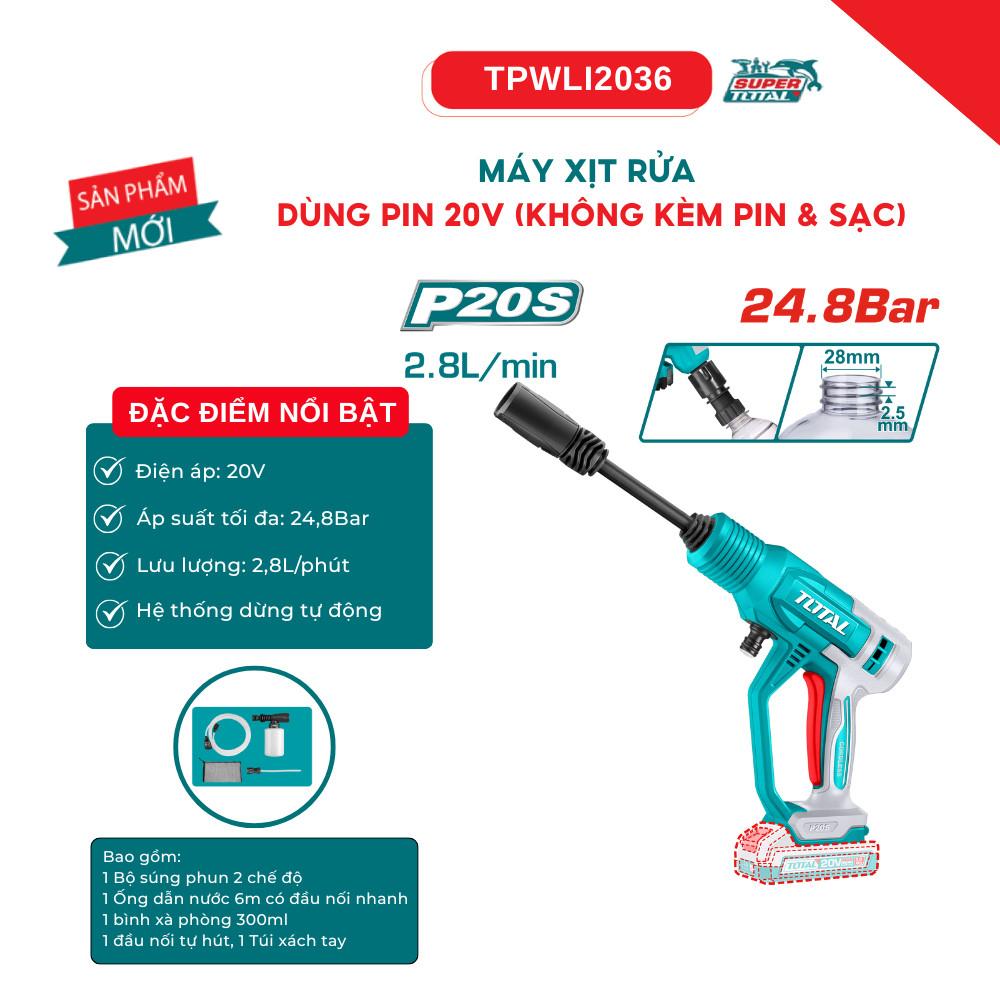 Máy xịt rửa áp lực pin 20V Total TPWLI20362 Máy rửa xe pin 24.8 bar, lưu lượng 2.8 lít/phút kèm phụ kiện
