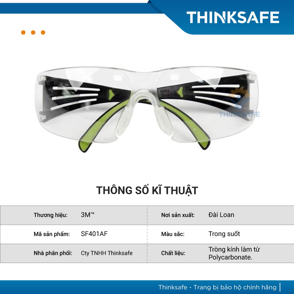 Kính bảo hộ 3M SF401AF, SF401SGAF Kính chống bụi trong suốt, chống tia UV, ôm mặt, Kính đi đường chống nắng - THINKSAFE