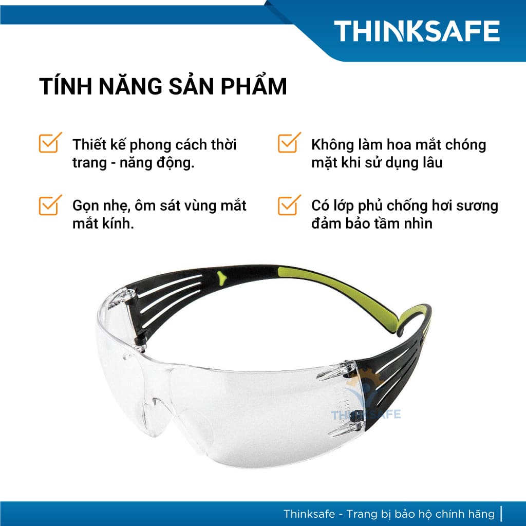 Kính bảo hộ 3M SF401AF, SF401SGAF Kính chống bụi trong suốt, chống tia UV, ôm mặt, Kính đi đường chống nắng - THINKSAFE
