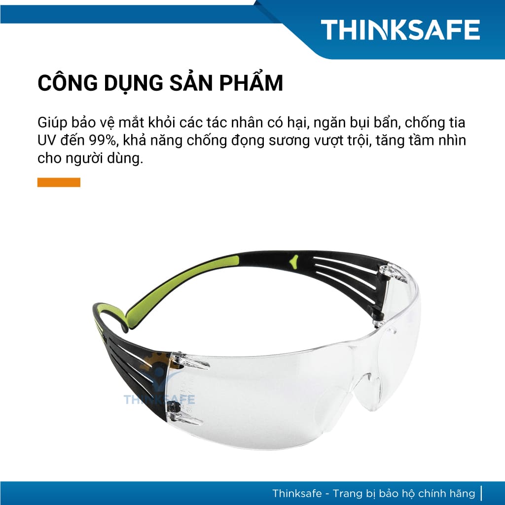 Kính bảo hộ 3M SF401AF, SF401SGAF Kính chống bụi trong suốt, chống tia UV, ôm mặt, Kính đi đường chống nắng - THINKSAFE
