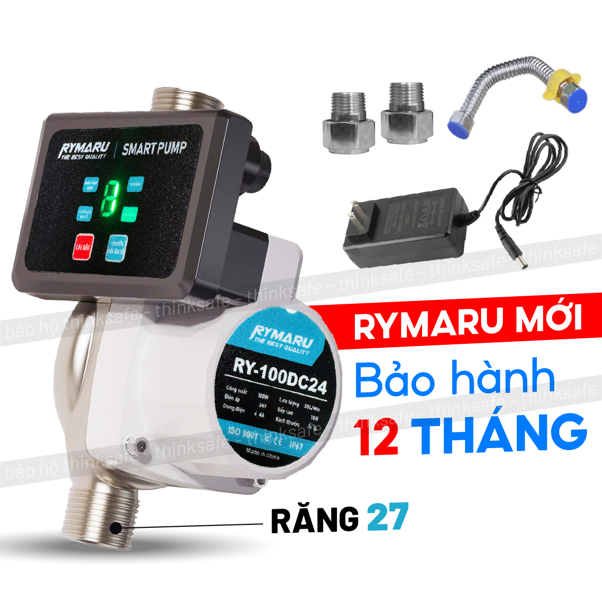 Máy bơm tăng áp mini 24V Rymaru RY-100DC24 bảng điều khiển thông minh ren 27mm cho 1 thiết bị, chống nước, an toàn