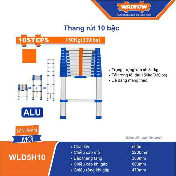 Thang nhôm rút đơn 10 -12 bậc WADFOW WLD5H10/ WLD5H12 thang rút nhôm, dễ dàng mang theo, chiều cao mở 3.2 - 3.8 mét