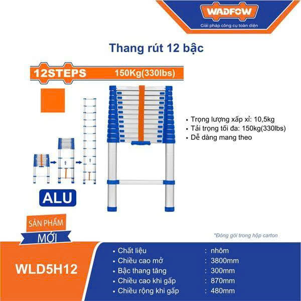 Thang nhôm rút đơn 10 -12 bậc WADFOW WLD5H10/ WLD5H12 thang rút nhôm, dễ dàng mang theo, chiều cao mở 3.2 - 3.8 mét