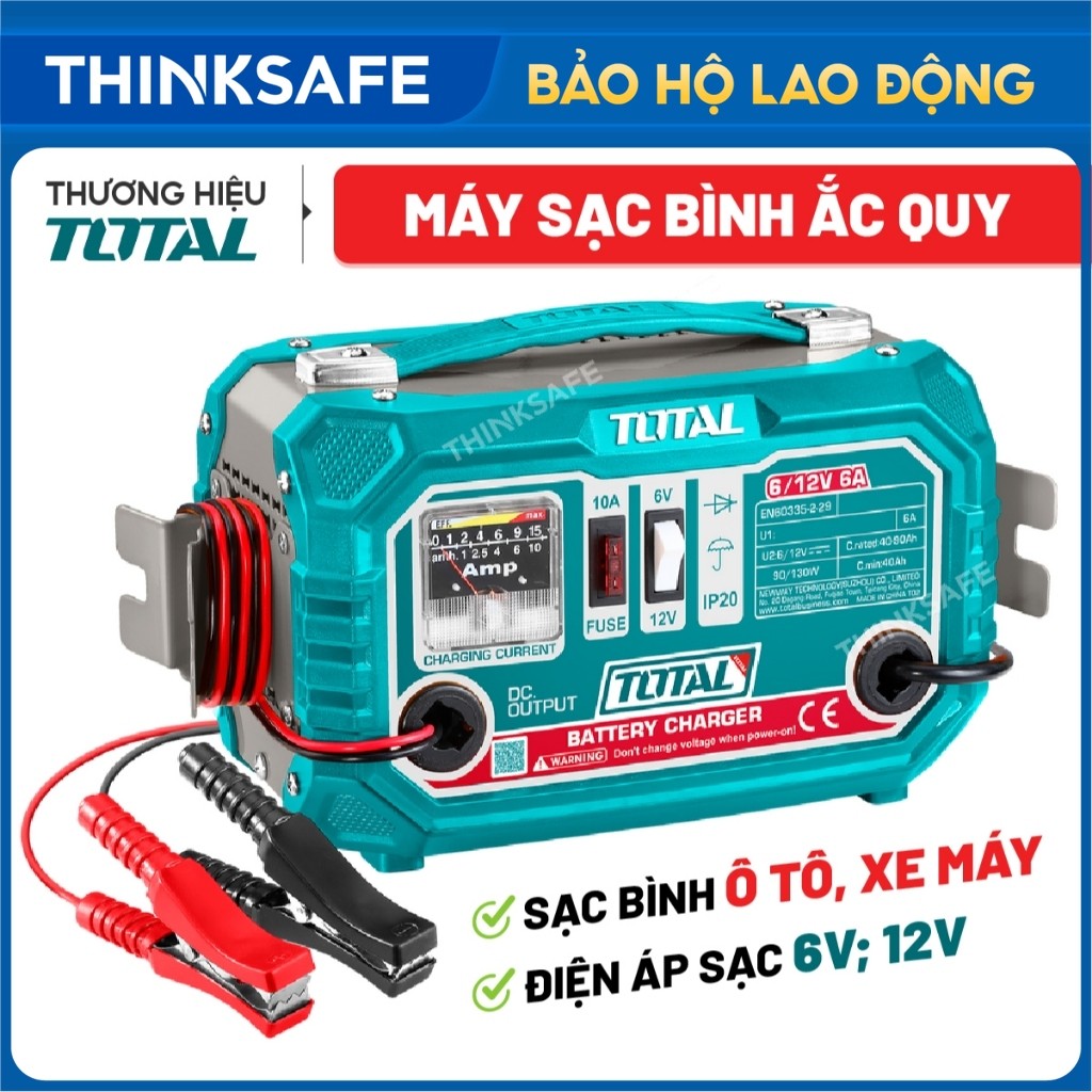 Máy sạc bình ắc quy cho xe máy và ô tô 6V/12V Total TBC1501, Dung lượng ắc quy hỗ trợ 40–90Ah - Thinksafe