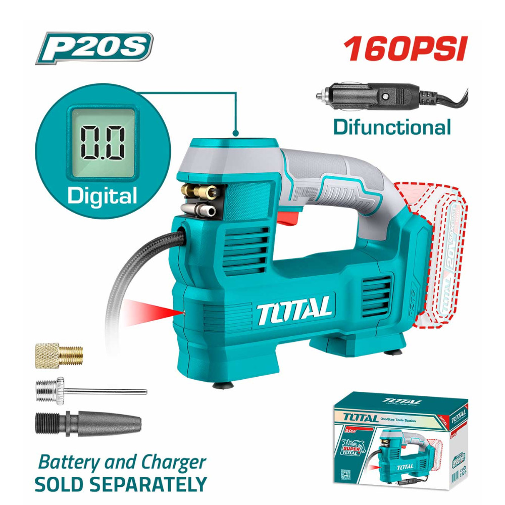 Máy bơm lốp xe tự động pin 20V TOTAL TACLI2012 Máy nén khí tự động áp suất 160PSI/11Bar, lưu lượng 35L/phút chưa kèm pin