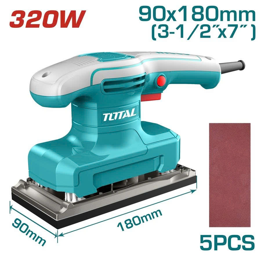 Máy chà nhám hình chữ nhật Total TF1301836 320W, Đế dưới 90mmx180mm, Tặng 5 giấy nhám - Thinksafe