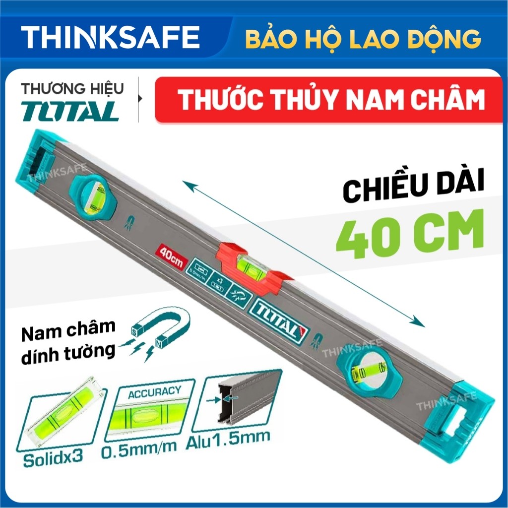Thước thủy kèm theo nam châm hút 40cm TOTAL TMT24028M, Độ dày 1.5mm, Thước thủy chính hãng - Thinksafe
