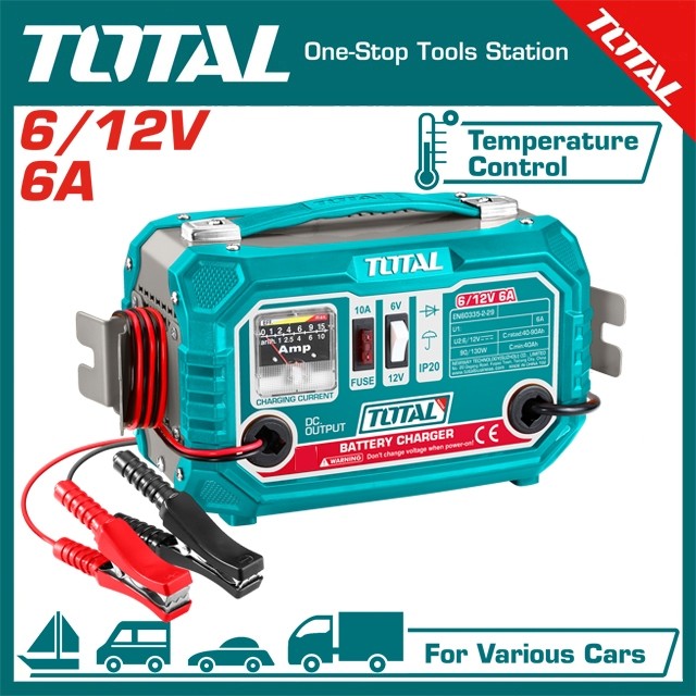Máy sạc bình ắc quy cho xe máy và ô tô 6V/12V Total TBC1501, Dung lượng ắc quy hỗ trợ 40–90Ah - Thinksafe