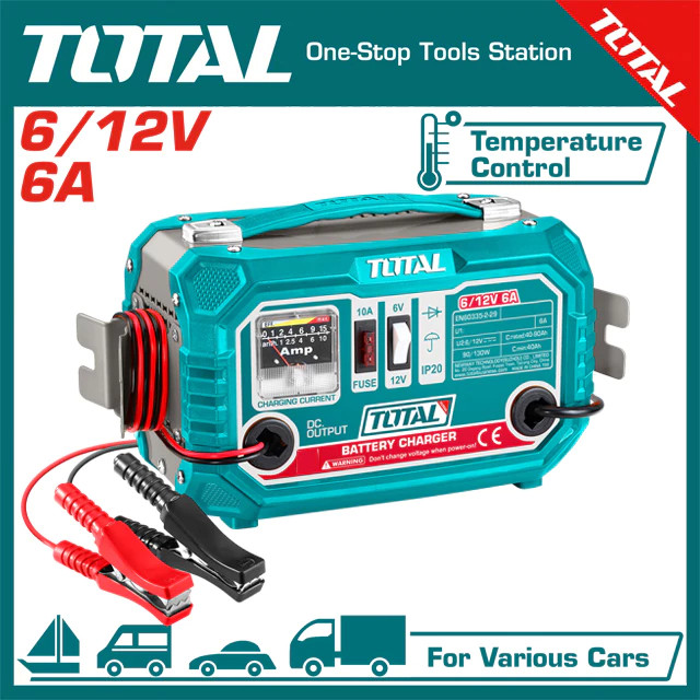 Máy sạc bình ắc quy cho xe máy và ô tô 6V/12V Total TBC1501, Dung lượng ắc quy hỗ trợ 40–90Ah - Thinksafe