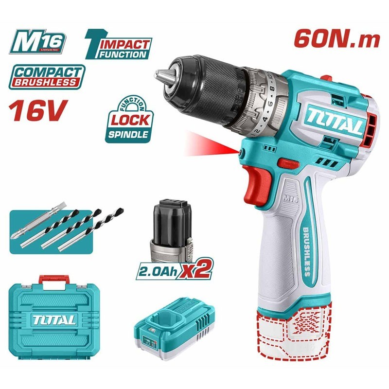 Máy khoan búa pin 16V không chổi than Total TIDLI16682 lực siết 60Nm