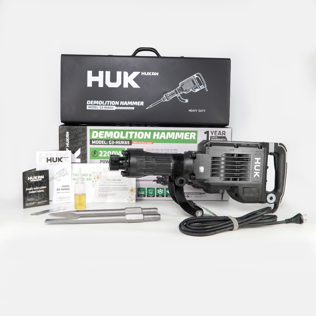 Máy đục bê tông HUKAN G3-HUK65 công suất 2200W, lực đập 65J Có giảm rung chấn, Tốc độ đập 1950 lần/phút