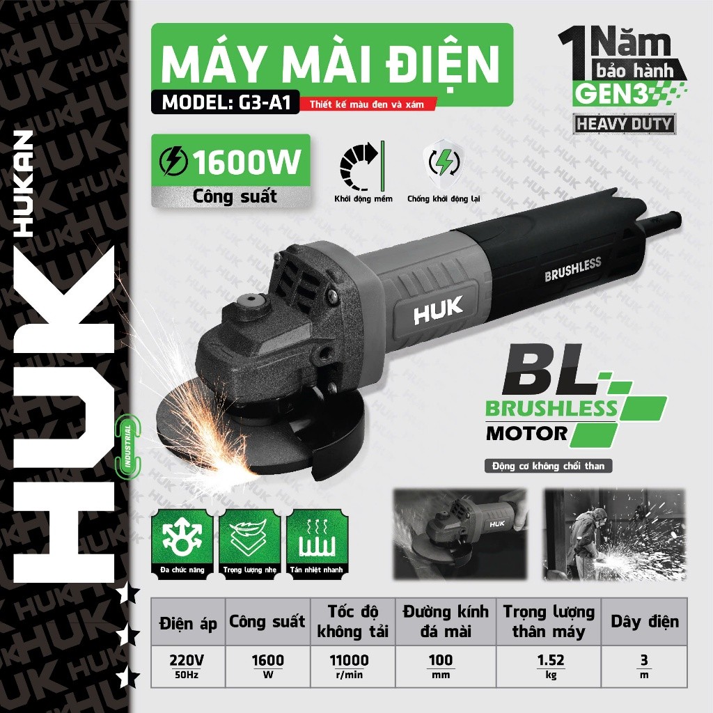 Máy mài góc cầm tay HUKAN G3-A1 Công suất 1600W, đĩa mài 100mm, Công tắc đuôi, Không chổi than, Chống khởi động lại