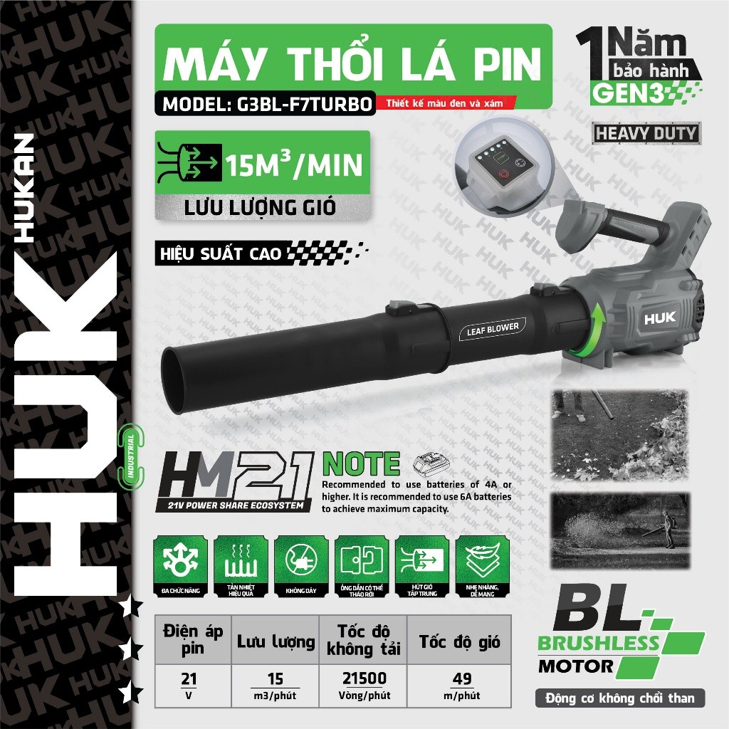 Máy thổi lá pin HUKAN G3BL-F7TURBO, Động cơ không chổi than, 5 Cấp chỉnh tốc, Máy thổi bụi tốc độ 21500 vòng/phút