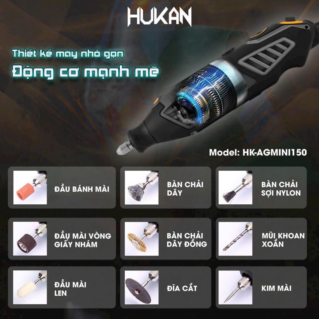 Máy khoan, mài, cắt mini đa năng HUKAN HK-AGMINI150 Máy mài khuôn công suất 150W, 6 Tốc độ, 206 Phụ kiện làm trang sức