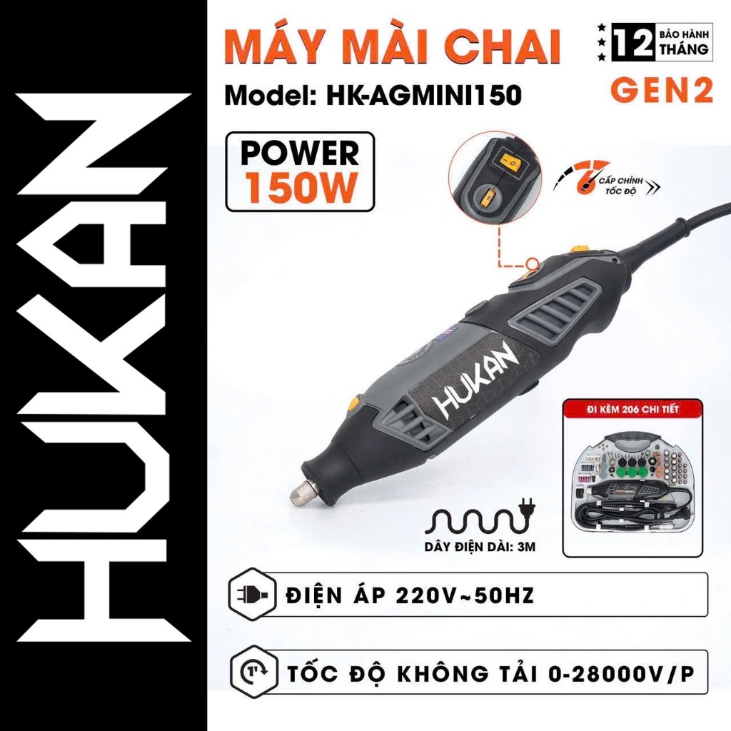 Máy khoan, mài, cắt mini đa năng HUKAN HK-AGMINI150 Máy mài khuôn công suất 150W, 6 Tốc độ, 206 Phụ kiện làm trang sức