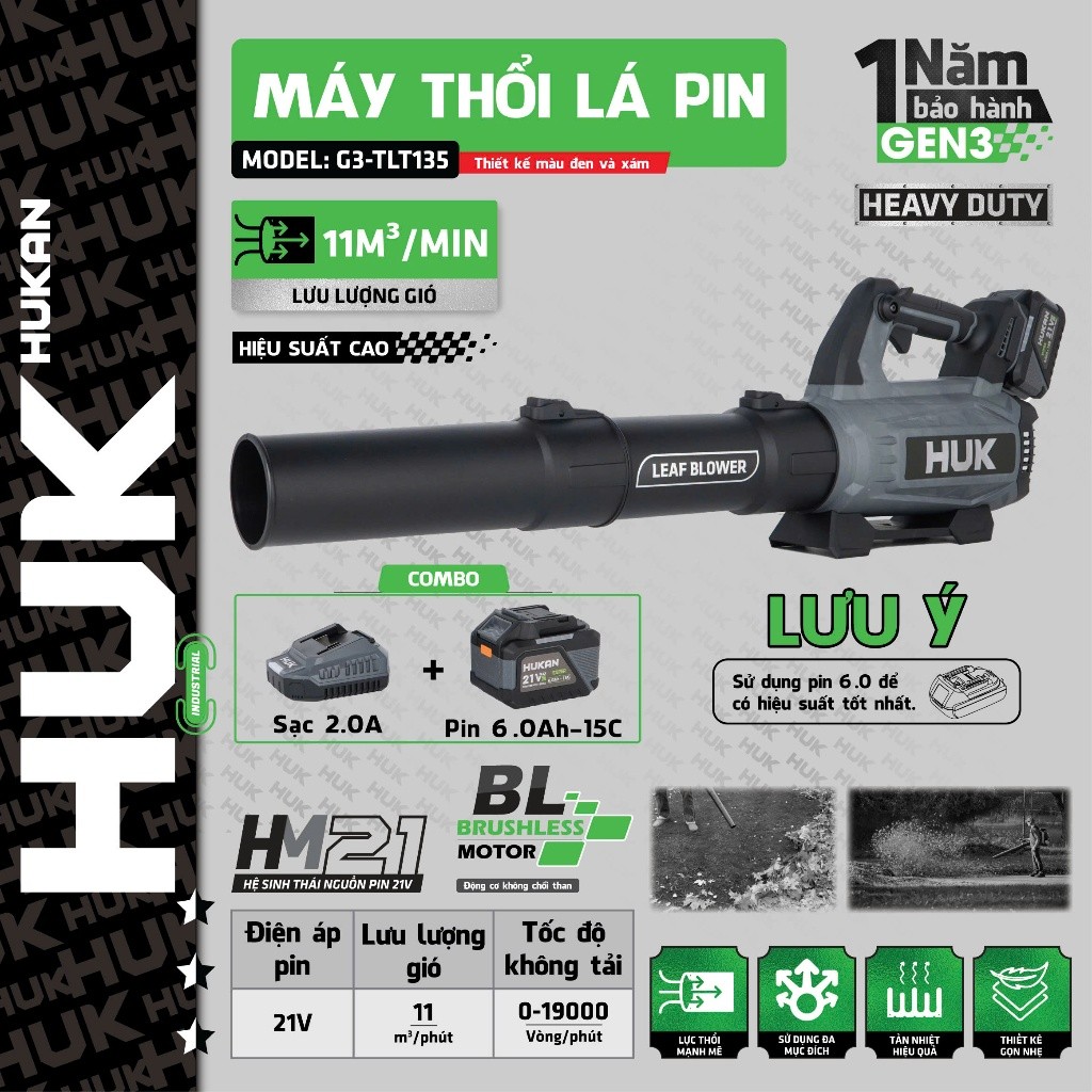 Máy thổi lá pin công suất lớn HUKAN G3-TLT135, Động cơ chổi than, Tốc độ 19000 vòng/phút kèm pin 6Ah và sạc 2A
