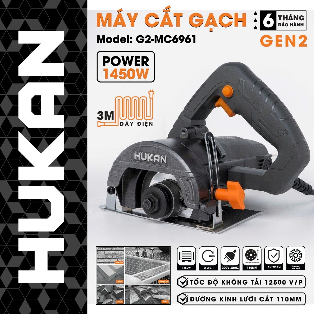 Máy cắt gạch cầm tay HUKAN G2-MC6961 công suất 1450W, Lưỡi cắt 110mm, tốc độ không tải 12500 vòng phút