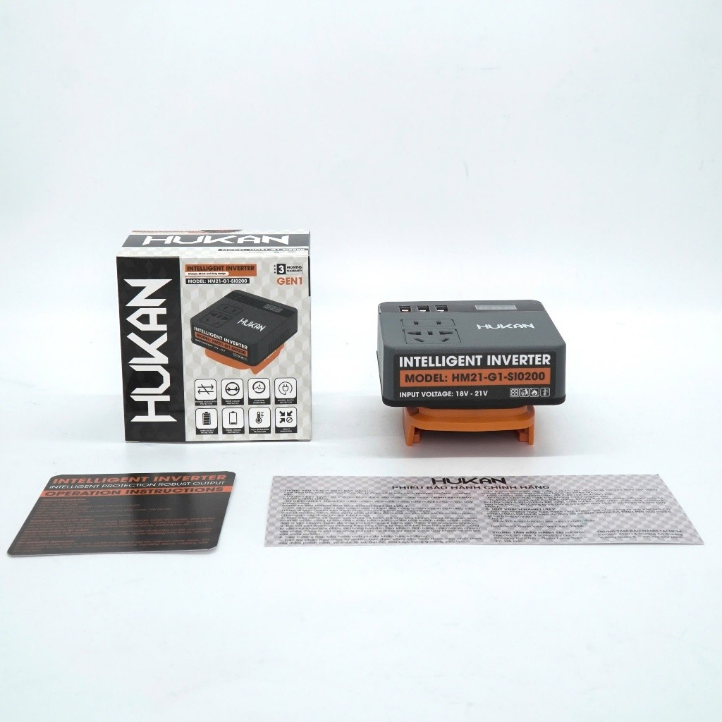 Đế chuyển nguồn điện pin 18-28V sang điện 220V HUKAN HM21-G1-SI0200, Chân pin phổ thông 4cm