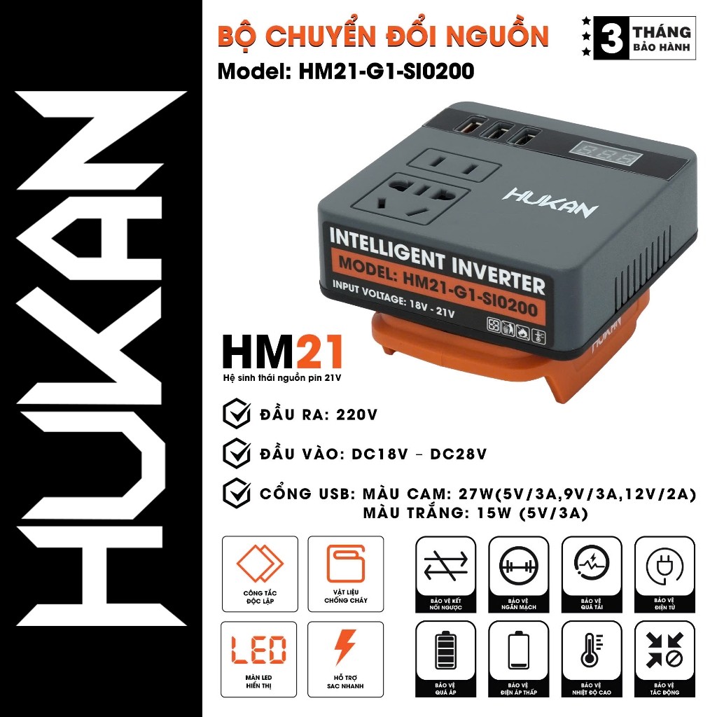 Đế chuyển nguồn điện pin 18-28V sang điện 220V HUKAN HM21-G1-SI0200, Chân pin phổ thông 4cm
