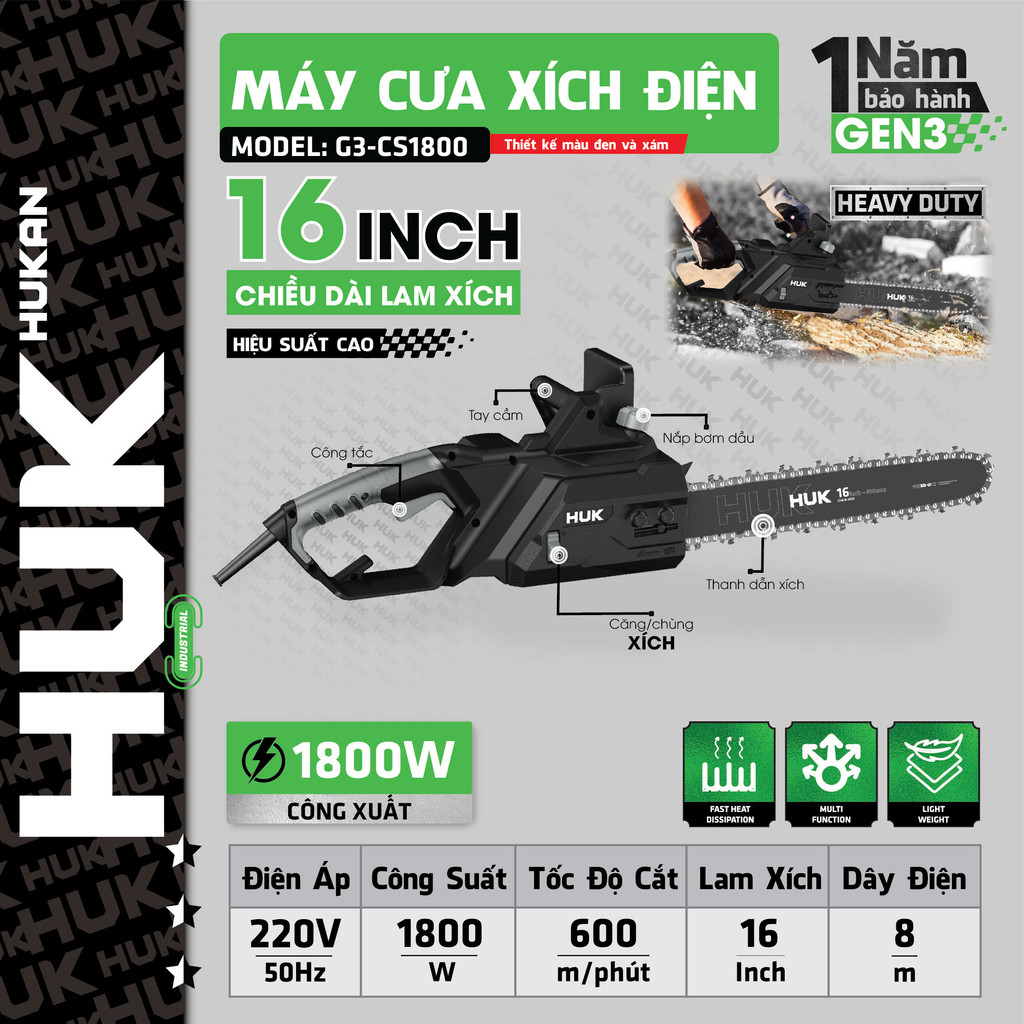 Máy cưa xích điện HUKAN G3-CS1800, Công suất 1800W, Gen 3, Lam xích dài 16 inch, Tốc độ xích 600m/min Máy cưa gỗ