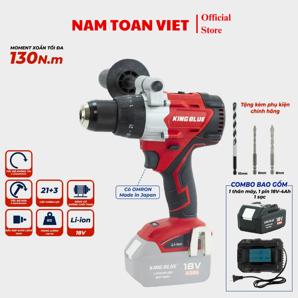 Máy khoan pin KINGBLUE KM18QE chân pin Makita thông dụng m21 lực siết 130Nm