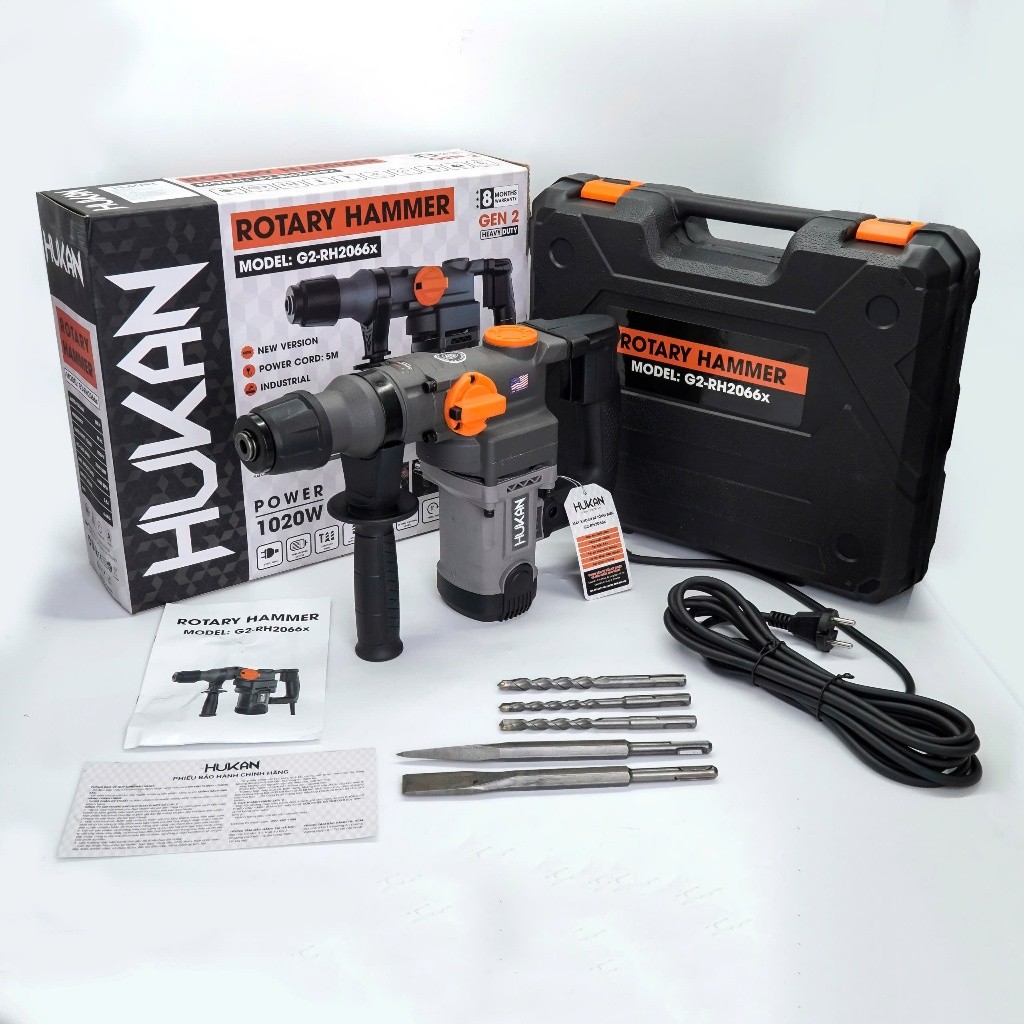 Máy khoan đục bê tông HUKAN G2-RH2066x (Gen 2), Công suất 1020W, Lực đập 3.5J, Tặng 5 Mũi khoan đục - Thinksafe