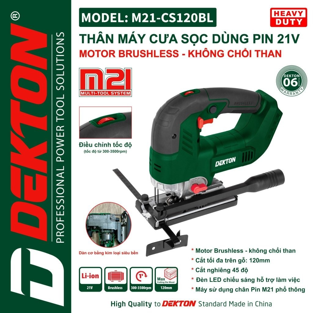 Máy cưa lọng pin DEKTON M21-CS120BL, Động cơ Không chổi than, Dàn cơ bằng kim loại siêu bền - Thinksafe