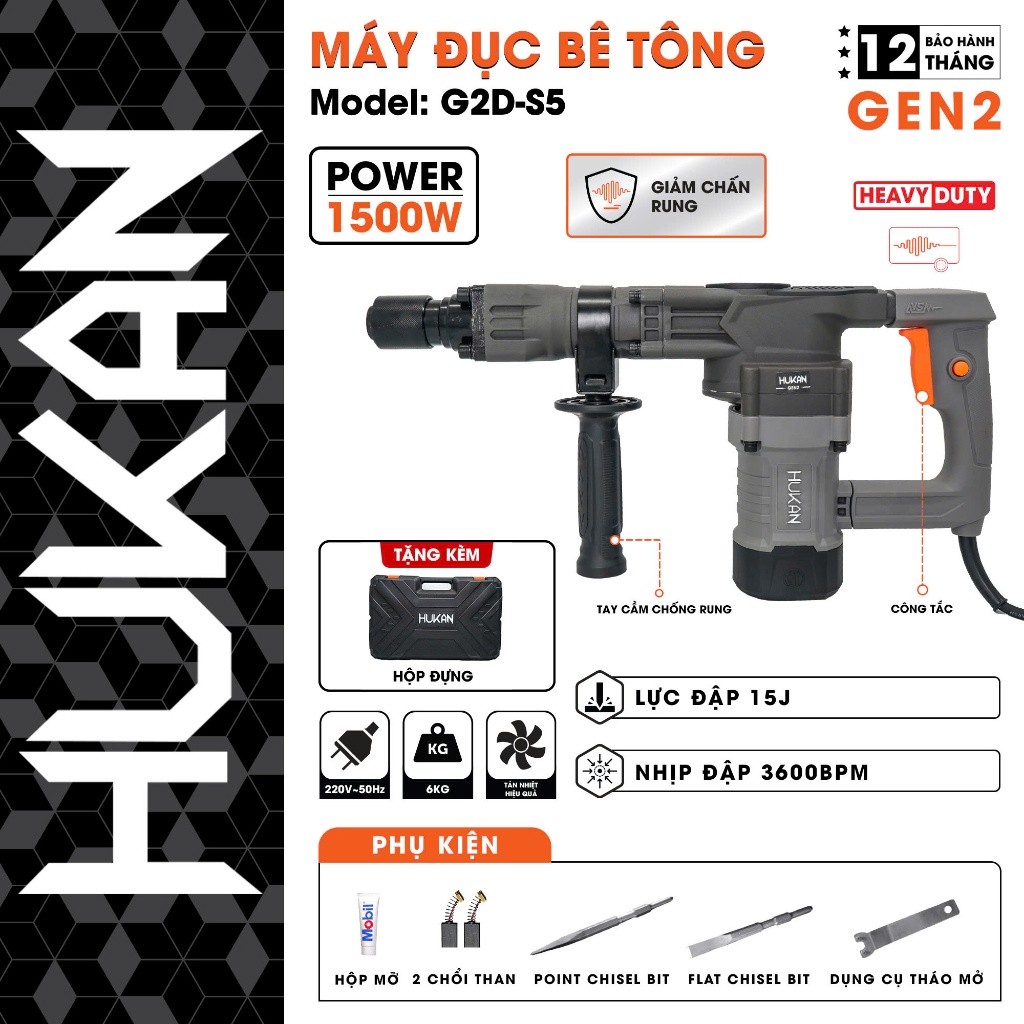 Máy đục bê tông Hukan G2D-S5 (GEN 2), Công suất: 1500W, Giảm chấn rung, Lực đập: 15J, Máy chuyên đục - Thinksafe