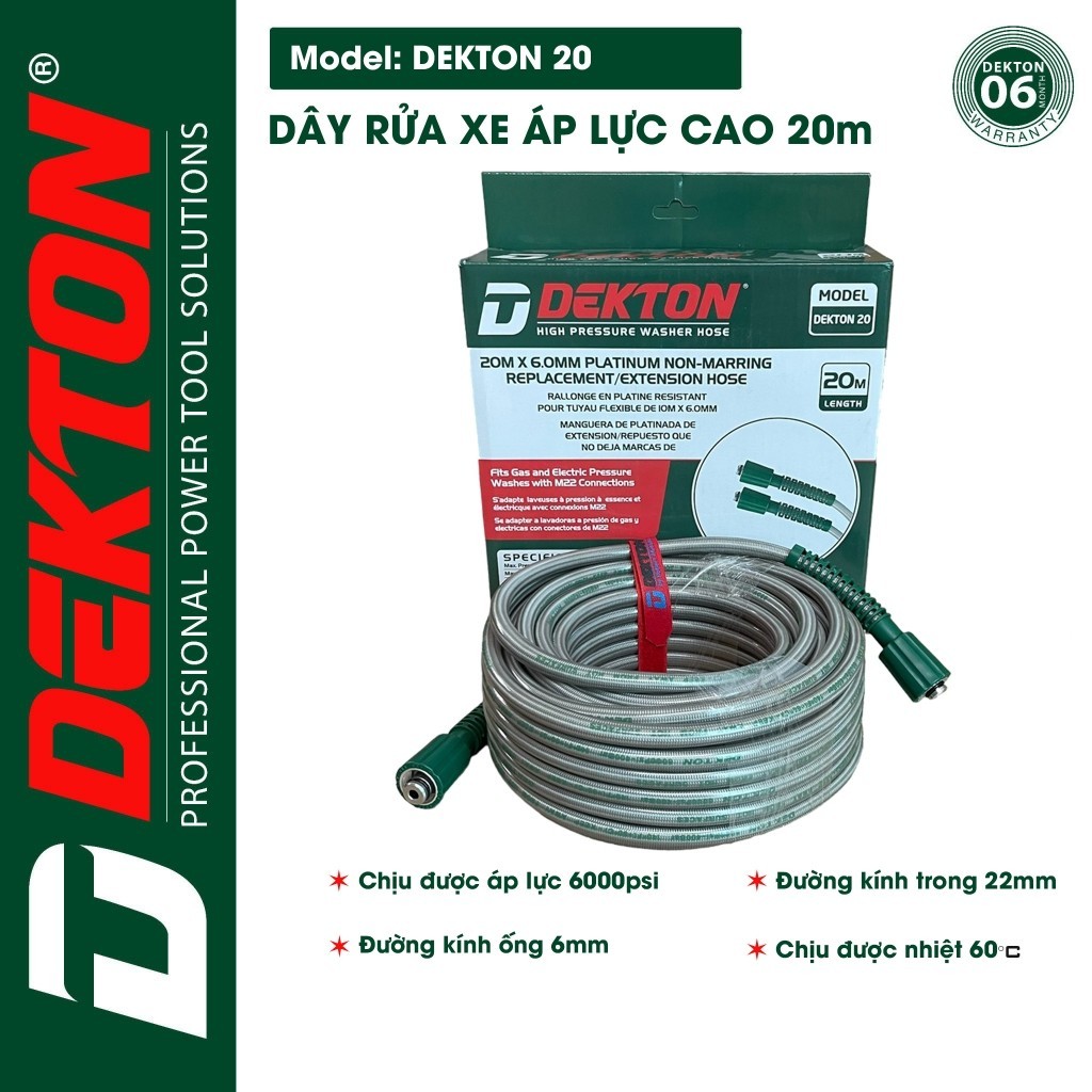 Dây rửa xe áp lực cao 22mm DEKTON 10m, 15m, 20m hàng chính hãng, dây xịn của hãng.