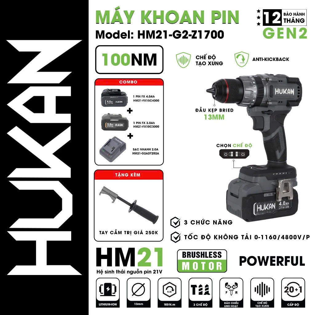 Máy khoan pin 3 chức năng HUKAN HM21-G2-Z1700, Lực siết 100Nm, Rút lõi, Có ANTI-KICKBACK, Tạo Xung, Đầu kẹp 13mm