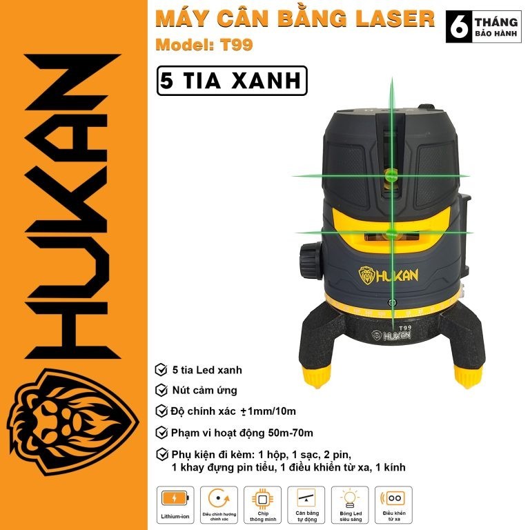 Máy cân bằng laser 5 tia xanh HUKAN T99 và HK-E63, phạm vi hoạt động 50 - 70mm, Máy cân mực không kèm chân - Thinksafe