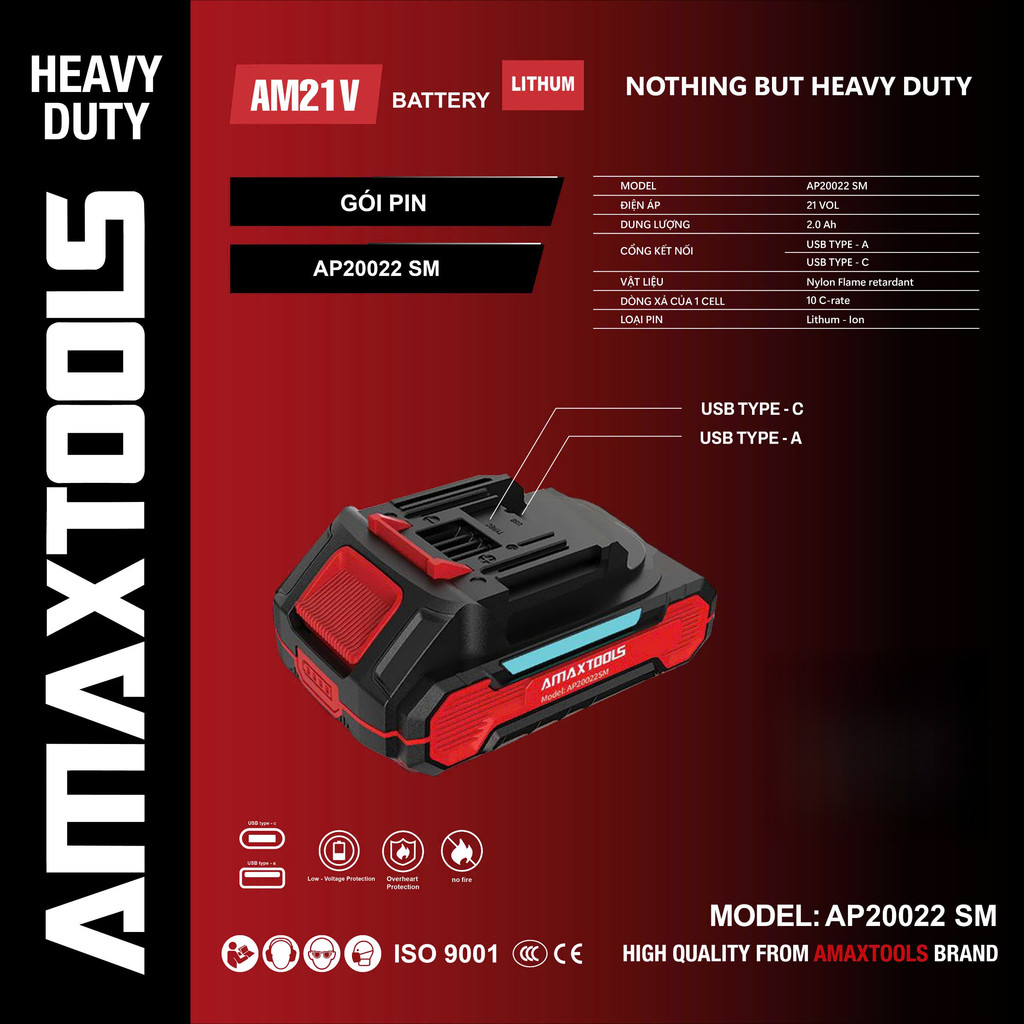 Pin 21V dòng xả cao AMAXTOOLS AP20022SM/AP40042SM dung lượng 2AH - 4AH Tích hợp 2 cổng sạc ra USB & Type C