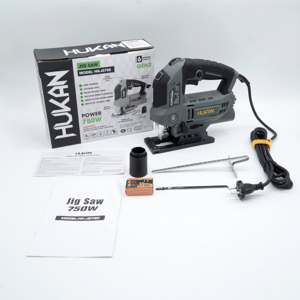 Máy cưa lọng HUKAN HK-JS750 Công suất 750W, 6 cấp chỉnh tốc, Tốc độ 3000v/p, 3 cấp chỉnh đá lưỡi, cắt gỗ 65mm, thép 3mm