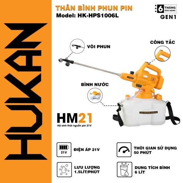 Máy phun nước pin HUKAN HK-HPS1006L, Dung tích bình 6L, Dùng cho việc phun thuốc tưới cây, tưới lan, Bình phun pin