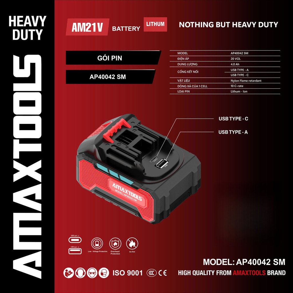 Pin 21V dòng xả cao AMAXTOOLS AP20022SM/AP40042SM dung lượng 2AH - 4AH Tích hợp 2 cổng sạc ra USB & Type C