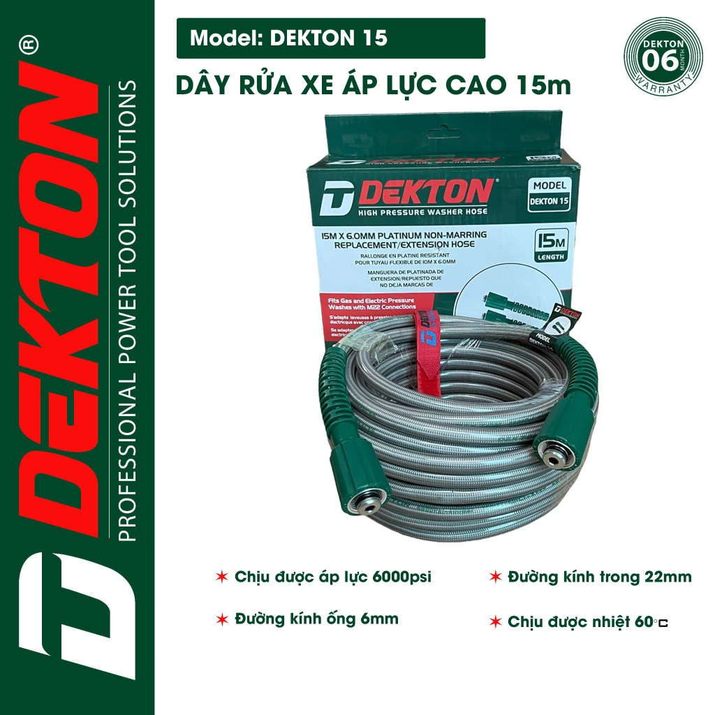 Dây rửa xe áp lực cao 22mm DEKTON 10m, 15m, 20m hàng chính hãng, dây xịn của hãng.